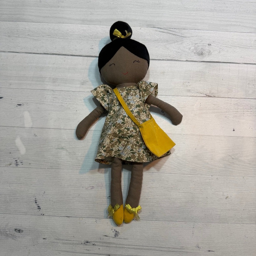 Creative Co-Op cloth doll dark skin floral dress yellow‎ bag